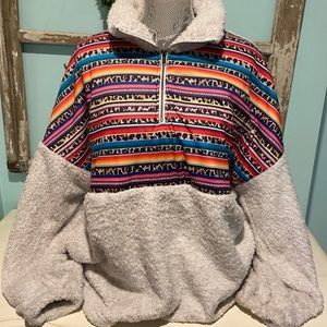 Sherpa pullover with leopard print/serape print